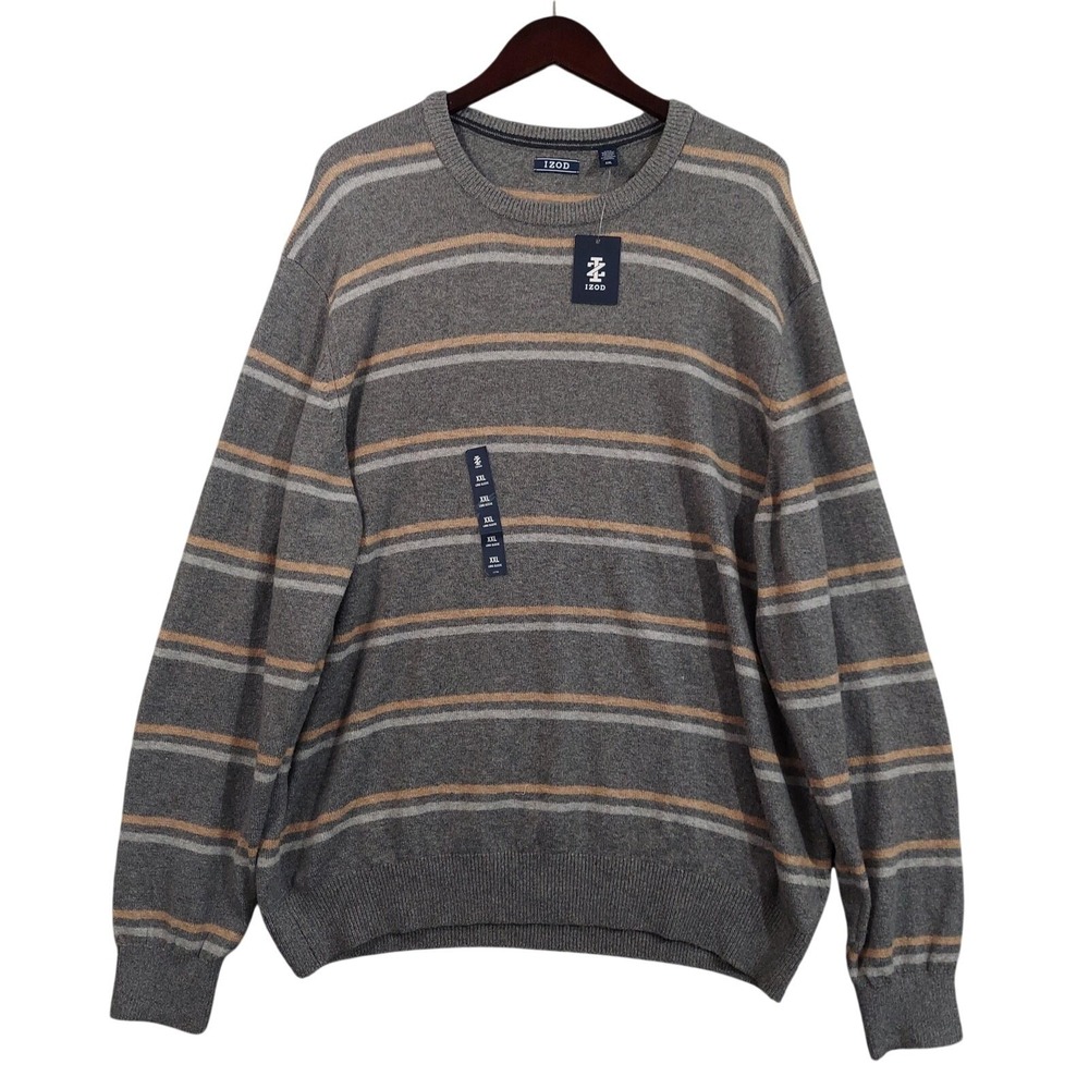 IZOD Sweater Mens 2XL Gray Cotton Blend Striped Crewneck Knit Pullover NWT
